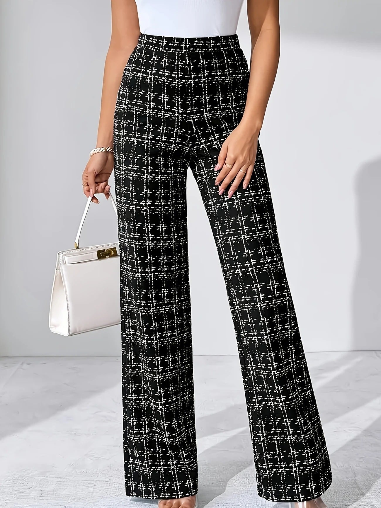 Pantaloni dritti a vita alta stile scozzese