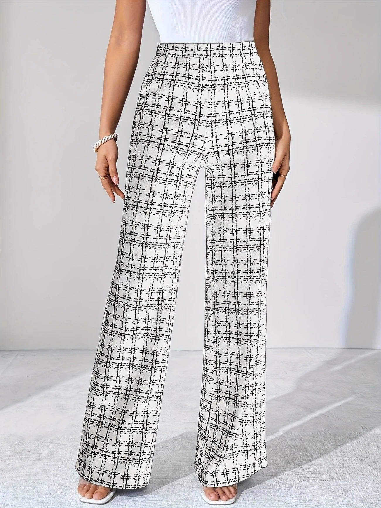 Pantaloni dritti a vita alta stile scozzese
